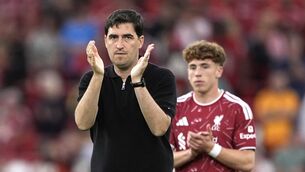 <p>Liverpool manager Andoni Iraola applauds the fans Pic: Peter Byrne/PA Wire.</p>
