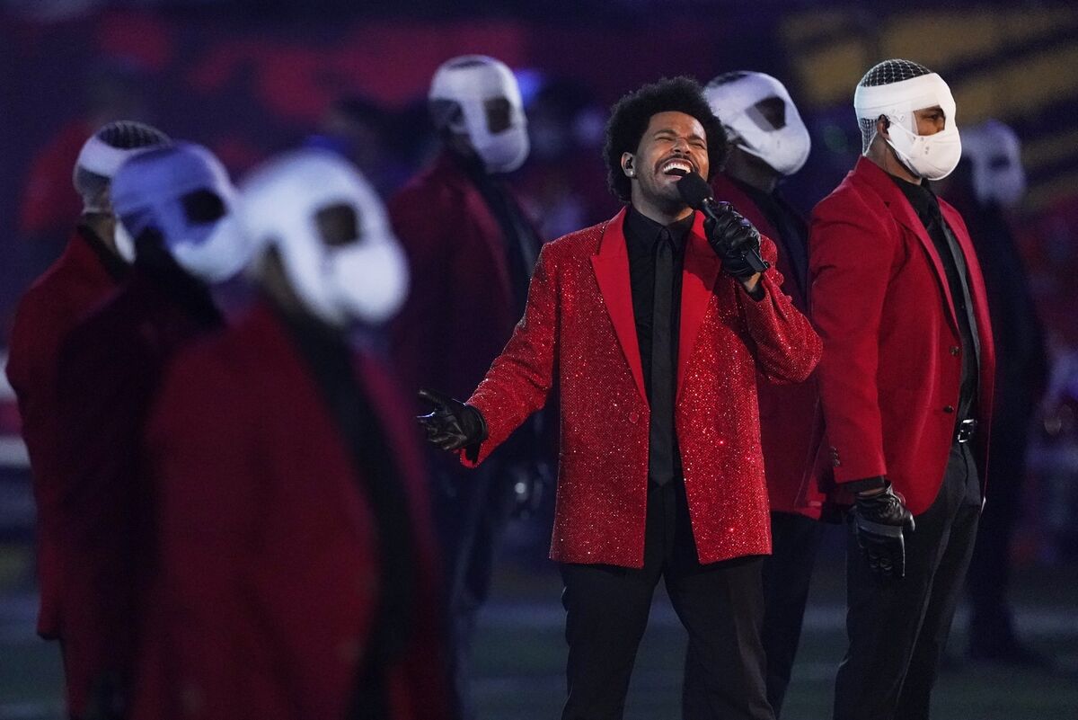 The Weeknd performs during the halftime show of the NFL Super Bowl 55 football game between the Kansas City Chiefs and Tampa Bay Buccaneers in 2021. Picture: Ashley Landis.
