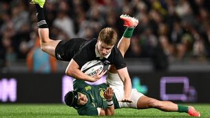 <p>Jordie Barrett of New Zealand collides with Cheslin Kolbe of South Africa. Pic: Hannah Peters/Getty Images</p>