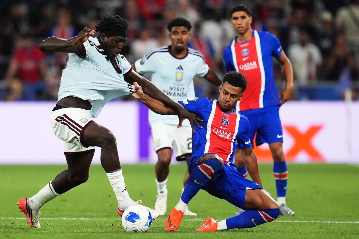 Aston Villa's Brian Madjo and Paris Saint-Germain's Desire Doue battle for the ball during the UEFA Super Cup final. Pic: Adam Davy/PA Wire. Aston Villa's Brian Madjo and Paris Saint-Germain's Desire Doue battle for the ball during the UEFA Super Cup final. Pic: Adam Davy/PA Wire.