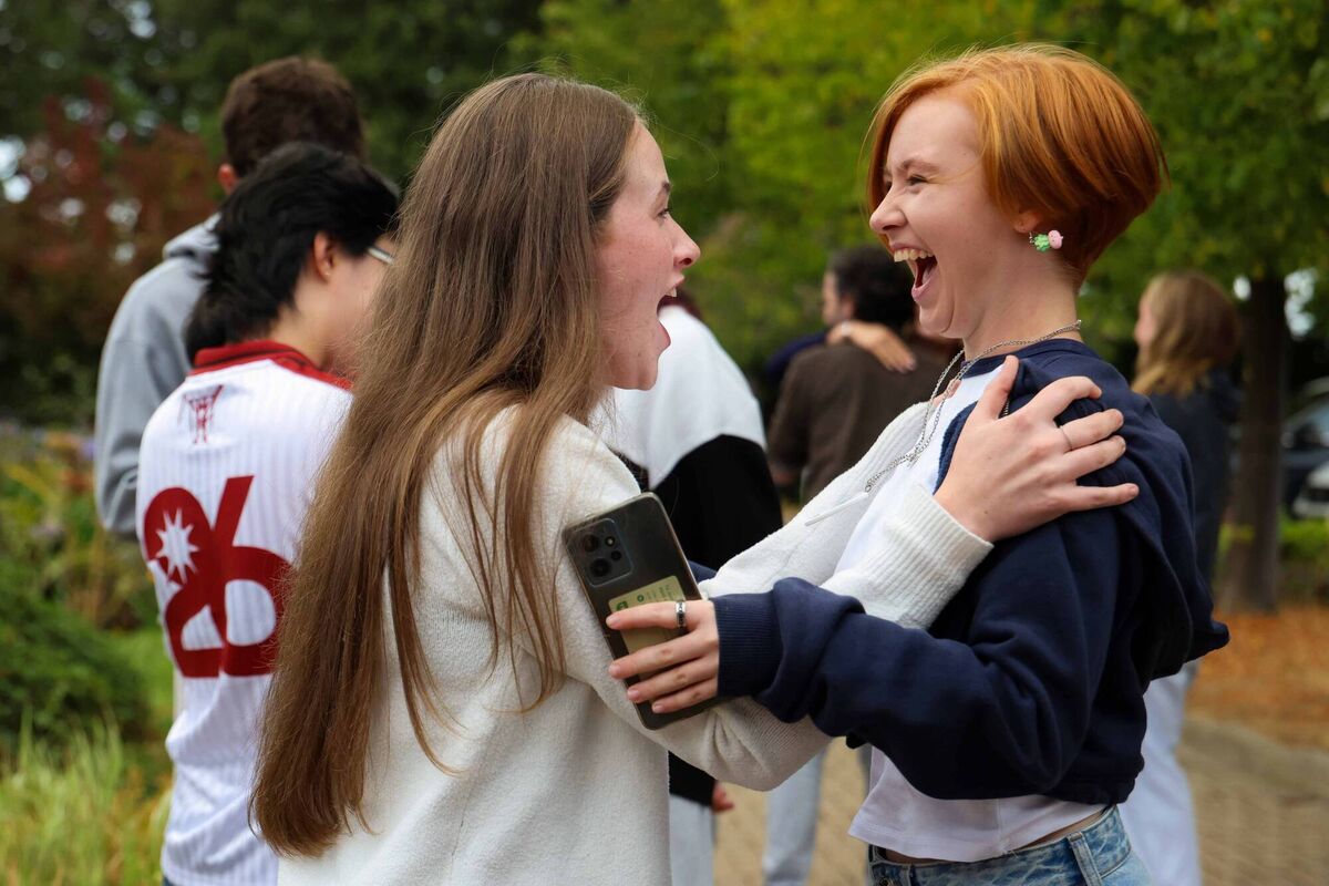 Leaving Certificate students Juliet Hickey and Sorin Gilsenan celebrate their results at Rathdown School, Glenageary, Co Dublin. Picture: Tommy Dickson