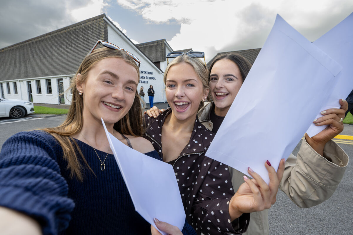 Presentation Secondary School Leaving Certificate students Ella Gethin, Caoimhe Ceane, and Fiona O'Connor, Tralee, with their results today. Picture: Domnick Walsh