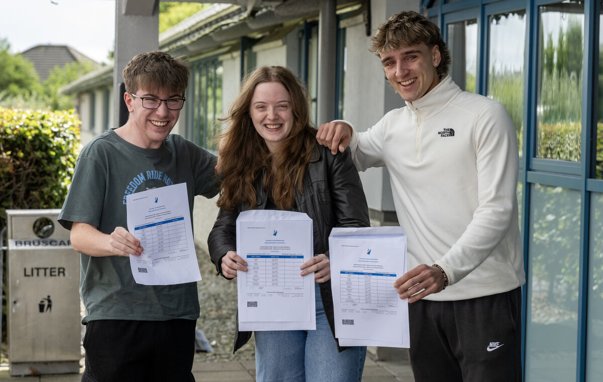 Mounthawk Secondary School Leaving Cert students Zack Hayes, Sophie Canty, and Victor Malakhov, all from Tralee. Picture: Domnick Walsh