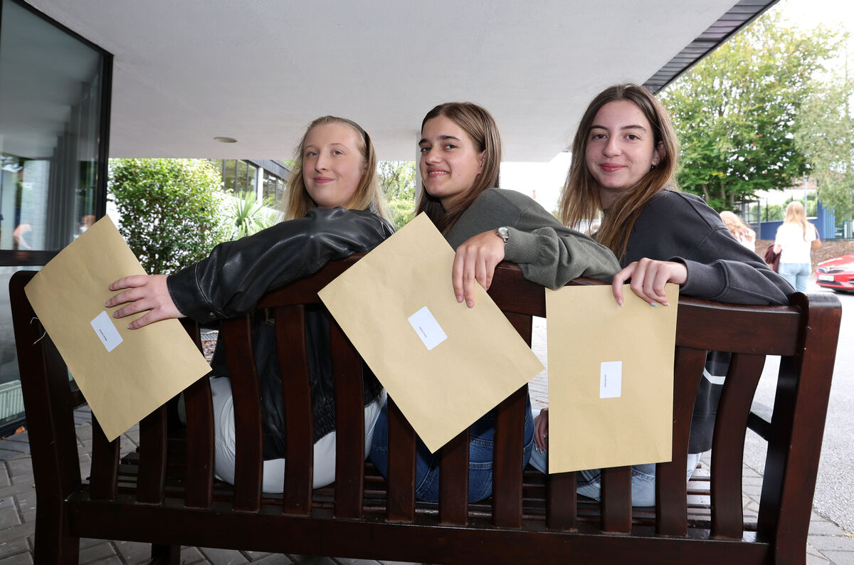 Maya Cashell, Dora Farkas, and Alex Garrett after receiving their 2026 Leaving Certificate results at Christ King Girls Secondary School, Half Moon Lane, South Douglas Rd, Cork. Picture: Jim Coughlan