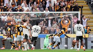 <p>Hull City's Semi Ajayi scores during the Premier League match at the MKM Stadium. Pic: Annabel Lee-Ellis/PA Wire. </p>