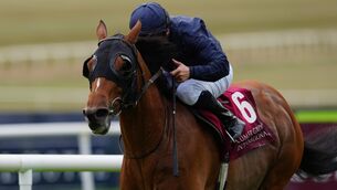 <p>Jockey Wayne Lordan riding Queenstown on the way to winning the Comer Group International Irish St. Leger Trial Stakes (Group 3) at the Curragh Racecourse in County Kildare, Ireland. Picture: Brian Lawless/PA Wire. </p>