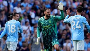 <p>Manchester City's Josko Gvardiol (right) celebrates with goalkeeper Gianluigi Donnarumma (centre) and Jack Grealish (left) after he scored his side's second goal. Pic: Nick Potts/PA Wire.</p>