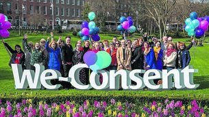 <p>Noeline Blackwell of Dublin Rape Crisi Centre with Chris Rooke, Dr Caroline Kelleher, Royal College of Surgeons Ireland, Louise McSharry, comedian Jarlath Regan, Denise Charlton, Community Foundation Ireland, with DRCC staff and stakeholders at the launch of the We-Consent campaign. Picture: Keith Arkins</p>