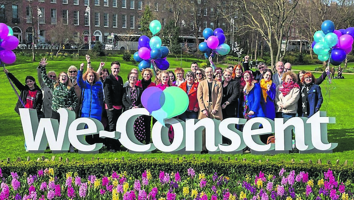 Noeline Blackwell of Dublin Rape Crisi Centre with Chris Rooke, Dr Caroline Kelleher, Royal College of Surgeons Ireland, Louise McSharry, comedian Jarlath Regan, Denise Charlton, Community Foundation Ireland, with DRCC staff and stakeholders at the launch of the We-Consent campaign. Picture: Keith Arkins