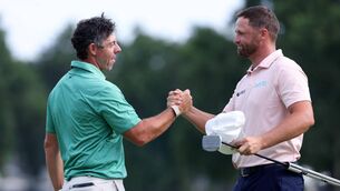<p>Wyndham Clark shakes hands with Rory McIlroy after winning the BMW Championship 2026 at Bellerive Country Club on August 23, 2026 in St Louis, Missouri. (Photo by Kevin C. Cox/Getty Images)</p>