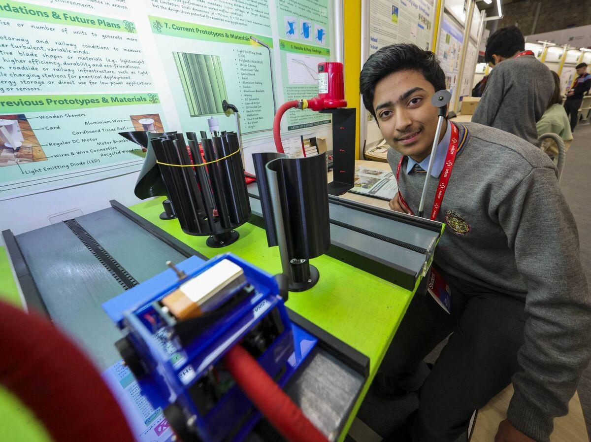 BRIGHT FUTURE: SR Arush Satyavolu, a student at St Mary's CBS The Green in Tralee, with the project 'Vertical Axis Wind Turbines for Motorways' at the 2026 Young Scientist and Technology Exhibition earlier this year. File picture Chris Bellew/Fennell's BRIGHT FUTURE: SR Arush Satyavolu, a student at St Mary's CBS The Green in Tralee, with the project 'Vertical Axis Wind Turbines for Motorways' at the 2026 Young Scientist and Technology Exhibition earlier this year. File picture Chris Bellew/Fennell's