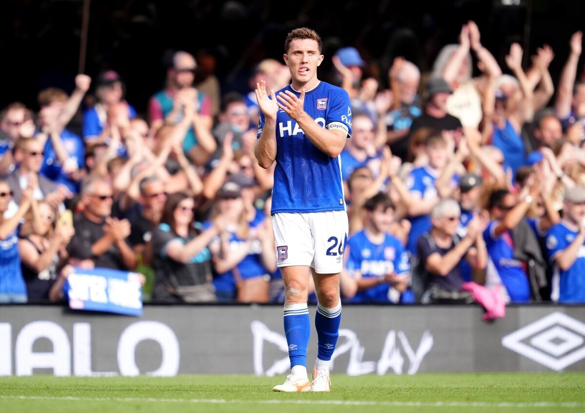 Ipswich Town's Dara O'Shea applauds the fans following victory in the Premier League match at Portman Road. Pic: Adam Davy/PA Wire. Ipswich Town's Dara O'Shea applauds the fans following victory in the Premier League match at Portman Road. Pic: Adam Davy/PA Wire.