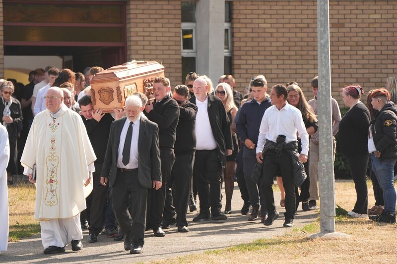 The coffin of Jeremy O'Brien is carried out of the Holy Family Church in Askea, Co Carlow. Picture: Niall Carson/PA Wire The coffin of Jeremy O'Brien is carried out of the Holy Family Church in Askea, Co Carlow. Picture: Niall Carson/PA Wire