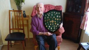 <p>Jimmy Lynam, Glen Rovers legend, with his impressive medal haul.</p>