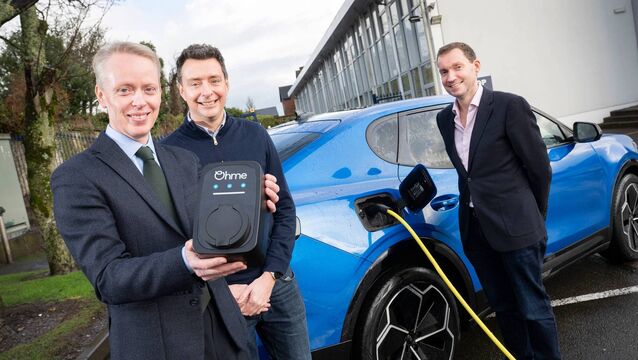 <p>Entrepreneur and Ohme CEO David Watson, second from left, with John Manning of Ford Ireland and Ohme director Patrick McDonald announcing an EV charging partnership between Ohme and Ford earlier this year. File picture</p>