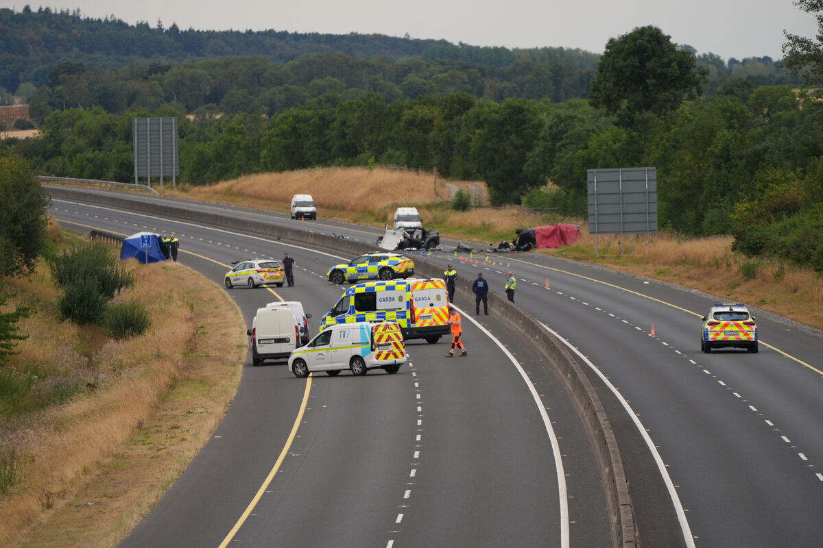 The scene on the M9 northbound at Junction 3 in Co Kildare where number of people  died and others have been seriously injured after a head-on collision between two cars. 