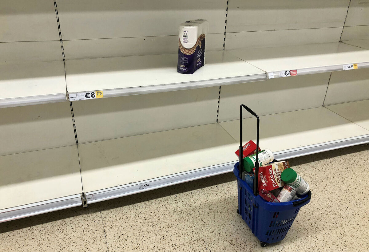 Empty shelves in an Irish supermarket in March 2020, as covid hit supply chains. Covid, this year's fuel crisis, and climate change should prompt Ireland to emulate other European states and set up a 90-day food stockpile. File picture: Brian lawless/PA Empty shelves in an Irish supermarket in March 2020, as covid hit supply chains. Covid, this year's fuel crisis, and climate change should prompt Ireland to emulate other European states and set up a 90-day food stockpile. File picture: Brian lawless/PA