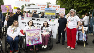 <p>Emily Felix , Emma O’Shea and Niamh Ní Hoireabhaird with Friedreich's Ataxia join the campaign to protest in Dublin to push for Skyclarys approval in Ireland. FIle picture: Sam Boal/Collins Photos</p>