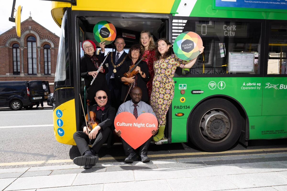 Lord Mayor Cllr Damian Boylan with Bus Éireann representatives Farai Tawanda, musicians from Cork Light Orchestra, Virginia Giglio, Neal Dunnigan and Olive Vaughan cork light orchestra and local swing dancers Rosie Roccaforte and Clodagh Hurley, launching Culture Night Cork City. Picture: Darragh Kane