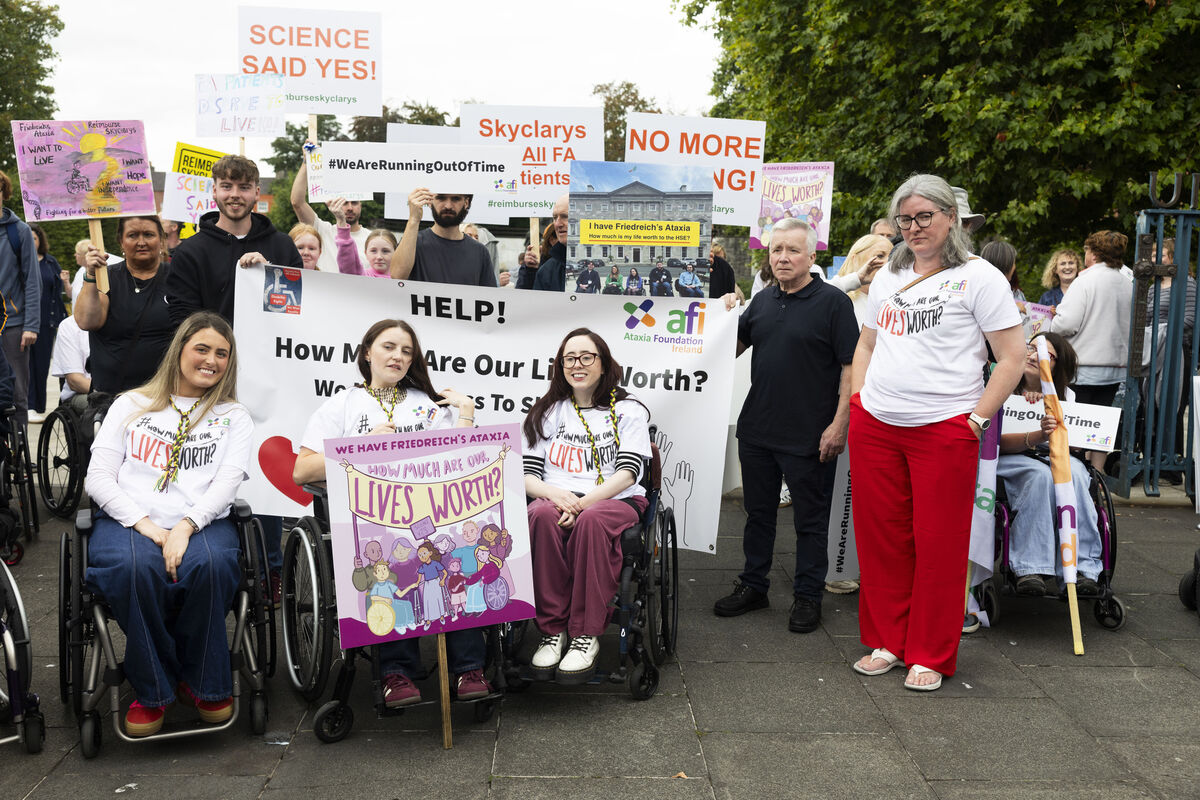 Emily Felix, Emma O’Shea and Niamh Ni Hoireabhaird with Friedreich's Ataxia join the campaign to protest in Dublin to push for Skyclarys approval in Ireland. File picture: Sam Boal/Collins Photos Emily Felix, Emma O’Shea and Niamh Ni Hoireabhaird with Friedreich's Ataxia join the campaign to protest in Dublin to push for Skyclarys approval in Ireland. File picture: Sam Boal/Collins Photos