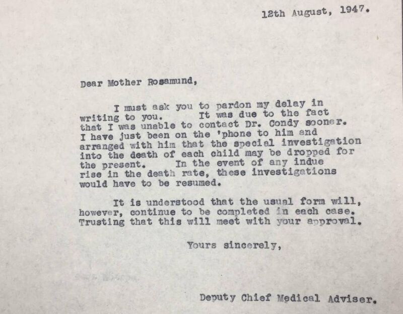 In an August, 1947, the State chief medical adviser - although described here as the deputy - told the nun in charge of Bessborough that a government investigation into the deaths of almost 700 children was to be "dropped for the present". From James Deeny's archive in the Royal College of Surgeons. In an August, 1947, the State chief medical adviser - although described here as the deputy - told the nun in charge of Bessborough that a government investigation into the deaths of almost 700 children was to be "dropped for the present". From James Deeny's archive in the Royal College of Surgeons.