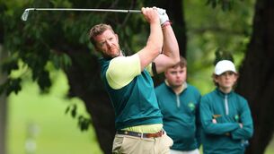<p>Peter O’Keeffe, Douglas, in action, in the Barton Shield Semi-Final against Lahinch at Shandon Park Golf Club, Belfast. Picture: Tom O'Hanlon/Inpho</p>
