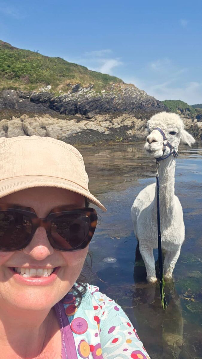 Esther McCarthy hanging with an alpaca at Union Hall