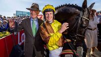 Willie Mullins and jocckey Paul Townend celebrate winning with Galopin Des Champs 30/4/2025