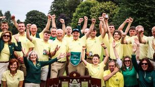 <p>Douglas team celebrate after claiming the Barton Shield</p>