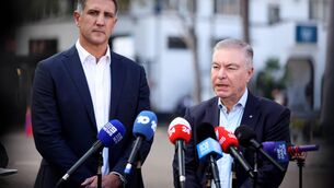 <p>Sydney Swans chairman Andrew Pridham (R) and CEO Matthew Pavlich speak to the media. Pic: Mark Metcalfe/Getty Images</p>