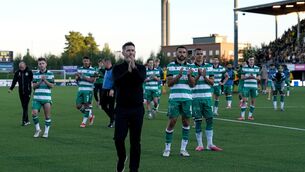<p>Shamrock Rovers manager Stephen Bradley applauds supporters after the match. Pic: INPHO/Mika Kylmaniemi</p>