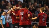 Jordan Flores celebrates scoring his sides third goal with teammates 28/8/2026