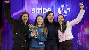 <p>Teachers Eimer Nolan, Roisin Riordan and Siobhan O'Dononhoe with Aoibheann Daly after winning the  2026 Stripe Young Scientist and Technology Exhibition, for her project 'GlioScope: Multi-task Deep Learning and Causal AI for Glioma &amp; Glioblastoma Profiling'. File picture: Chris Bellew/Fennell Photography </p>