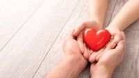 The adult and the child holding red heart.
