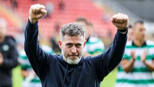 <p>Shamrock Rovers manager Stephen Bradley salutes the travelling support at the end of the game. Pic: ©INPHO/Lorcan Doherty</p> <p>Shamrock Rovers manager Stephen Bradley salutes the travelling support at the end of the game. Pic: ©INPHO/Lorcan Doherty</p>