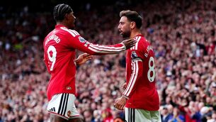 <p>Manchester United's Bruno Fernandes (right) celebrates scoring their side's first goal of the game with Marcus Rashford. Pic: David Davies/PA Wire. </p>