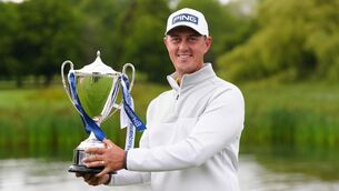 <p>Winner Joe Dean poses with the trophy after day four of the Husqvarna British Masters at The Belfry Hotel &amp; Resort, Sutton Coldfield. Picture:  Bradley Collyer/PA</p>