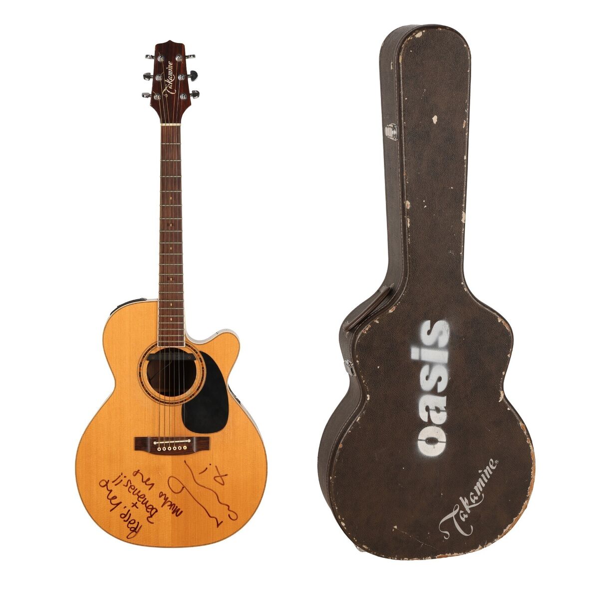 Noel Gallagher's autographed Takamine FP460SC acoustic guitar is expected to make between £75,000 and £150,000. Noel Gallagher's autographed Takamine FP460SC acoustic guitar is expected to make between £75,000 and £150,000.