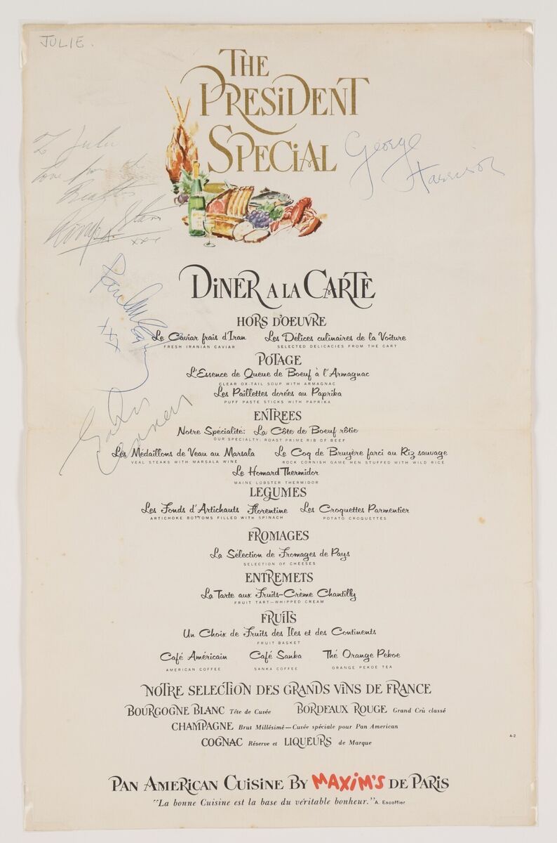 The Pan American Airways menu signed by all four members of The Beatles during their first flight to the US. The Pan American Airways menu signed by all four members of The Beatles during their first flight to the US.