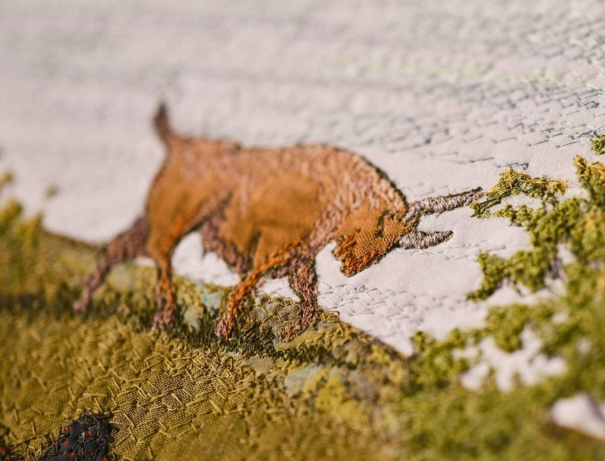 The tapestry features mythology, such as the bull of the Táin Bó Cúailnge, or Cattle Raid of Cooley. The tapestry features mythology, such as the bull of the Táin Bó Cúailnge, or Cattle Raid of Cooley.