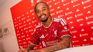 <p>TAKE AS RED: New Liverpool signing Bradley Barcola at the club's Training Centre in Kirkby on Monday. Pic: Getty Images</p>