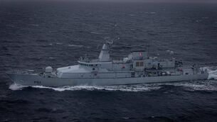 <p>The Irish Naval Service patrol vessel LÉ Samuel Beckett could be seen patrolling off the coast, supported by a British Royal Navy warship positioned outside Irish territorial waters. File picture</p>