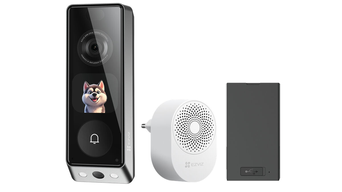 The Ezviz EP8 Ultra includes the dual-lens doorbell, an indoor chime, mounting hardware, and two large batteries. Picture: Ezviz