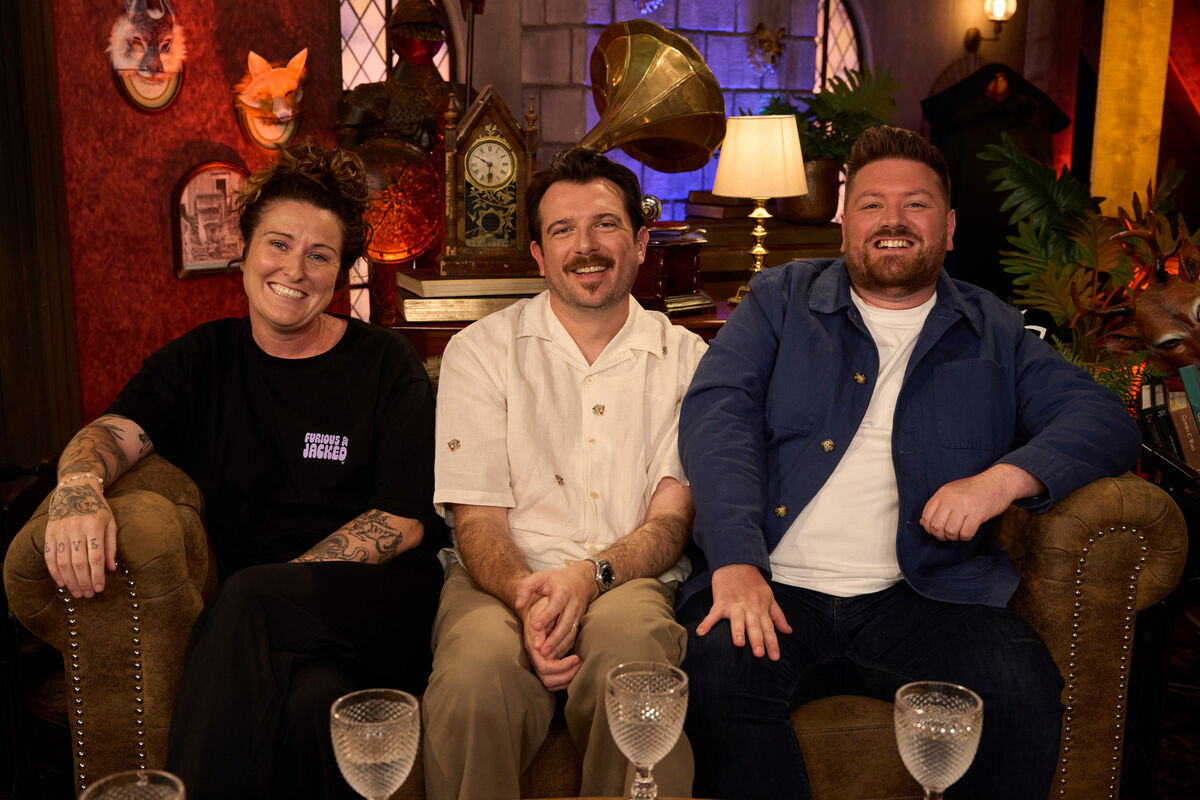 Presenter Kevin McGahern with guests Kyla Cobbler and Crossy on The Traitors Ireland Uncloaked Season 2, Sunday, RTÉ One, 10.30pm