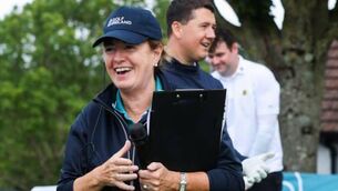 <p>Mary Bergin (Monkstown) in her role as Starter at the AIG All-Ireland FInals at Douglas Golf Club Photo: Inpho</p>