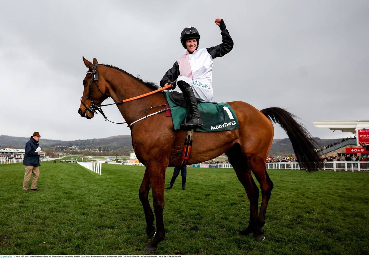 Rachael Blackmore, aboard Bob Olinger, celebrates after winning the Paddy Power Stayers' Hurdle on day three of the Cheltenham Racing Festival. Picture: Harry Murphy/Sportsfile Rachael Blackmore, aboard Bob Olinger, celebrates after winning the Paddy Power Stayers' Hurdle on day three of the Cheltenham Racing Festival. Picture: Harry Murphy/Sportsfile