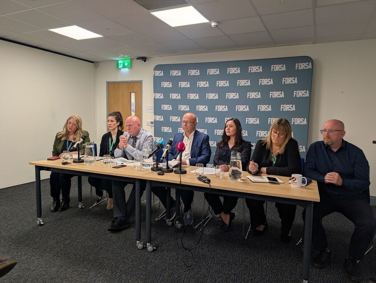 (left to right) Fórsa union representatives, Catherine Keogh national secretary, Hazel Nolan national secretary, Eamonn Donnelly deputy general secretary Kevin Callinan general secretary Katie Morgan deputy general secretary, Ashley Connolly national secretary, Rvan McKinney national secretary, at Fórsa headquarters in Dublin. Picture: Cillian Sherlock/PA Wire  