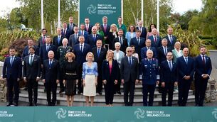 <p> Defence minister Helen McEntee next to EU diplomatic chief Kaja Kallas front and centre of the group at the EU defence ministers' informal meeting in Co Wicklow. Picture: Ireland2026eu/PA</p> <p> Defence minister Helen McEntee next to EU diplomatic chief Kaja Kallas front and centre of the group at the EU defence ministers' informal meeting in Co Wicklow. Picture: Ireland2026eu/PA</p>