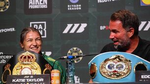 <p>TRUSTED CONFIDANTE: Katie Taylor with Matchroom Boxing’s shootin' from the lip Eddie Hearn know they don't need the sales talk for Saturday in Croke Park - but that won't stop the Londoner. Pic: Gary Carr, Inpho. </p> <p>TRUSTED CONFIDANTE: Katie Taylor with Matchroom Boxing’s shootin' from the lip Eddie Hearn know they don't need the sales talk for Saturday in Croke Park - but that won't stop the Londoner. Pic: Gary Carr, Inpho. </p>