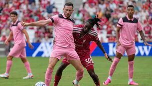 <p>Sunderland midfielder Alan Browne, left, and Liverpool FC defender Jeremie Frimpong battle for the ball. Pic: AP Photo/George Walker IV</p> <p>Sunderland midfielder Alan Browne, left, and Liverpool FC defender Jeremie Frimpong battle for the ball. Pic: AP Photo/George Walker IV</p>